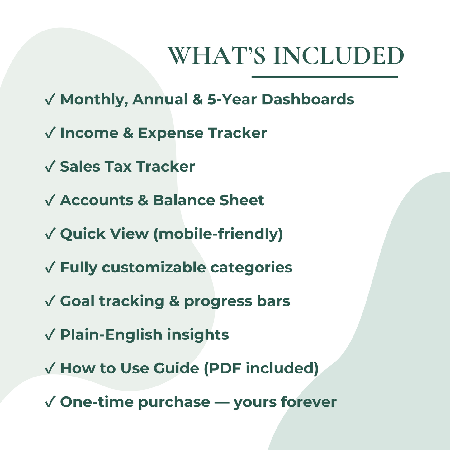 List of features included in a financial management software package on a white background.