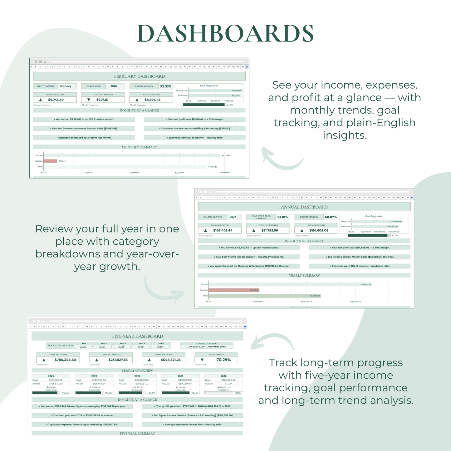Dashboard interface with financial tracking features on a light background
