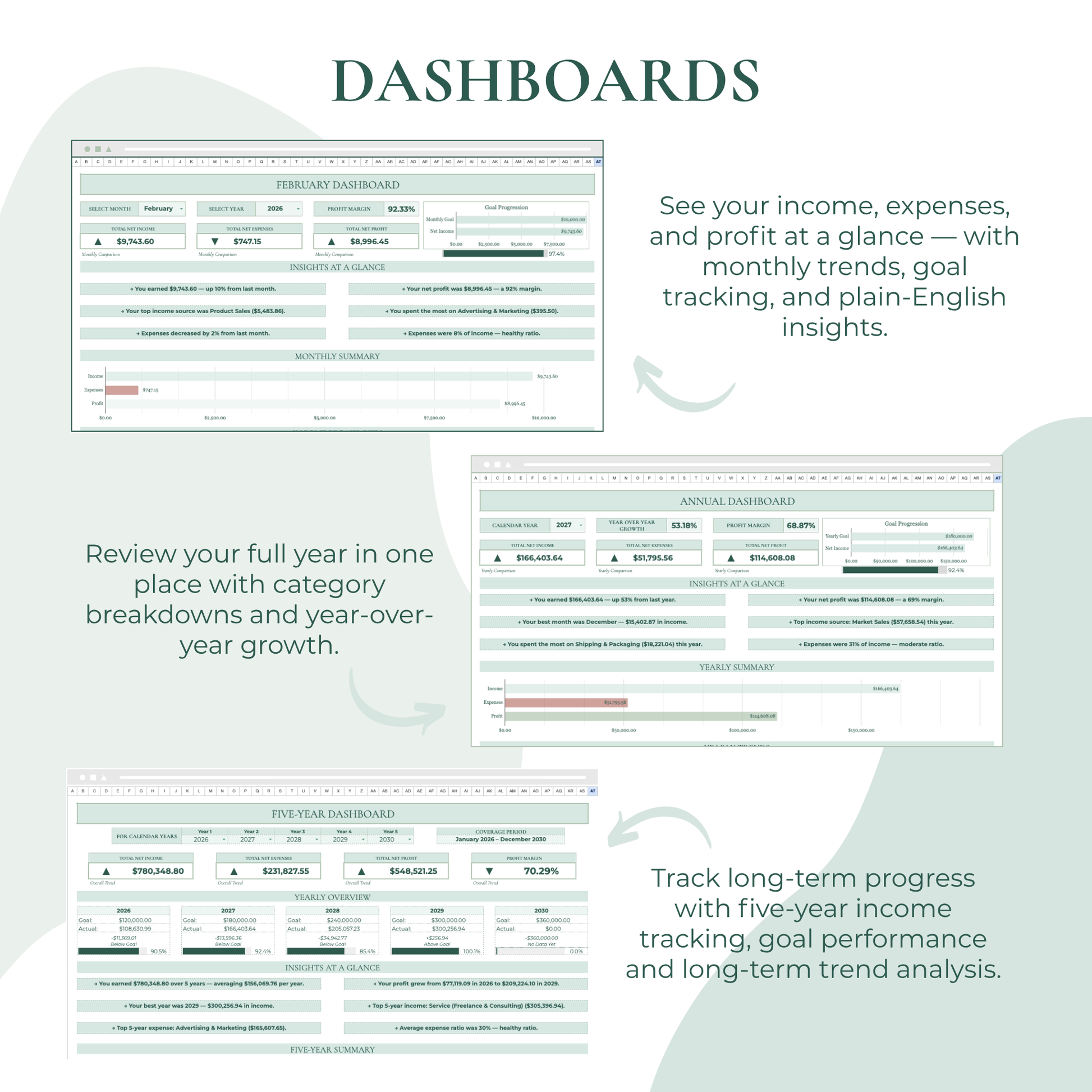 Dashboard interface with financial tracking features on a light background