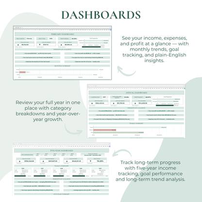 Dashboard interface with financial tracking features on a light background