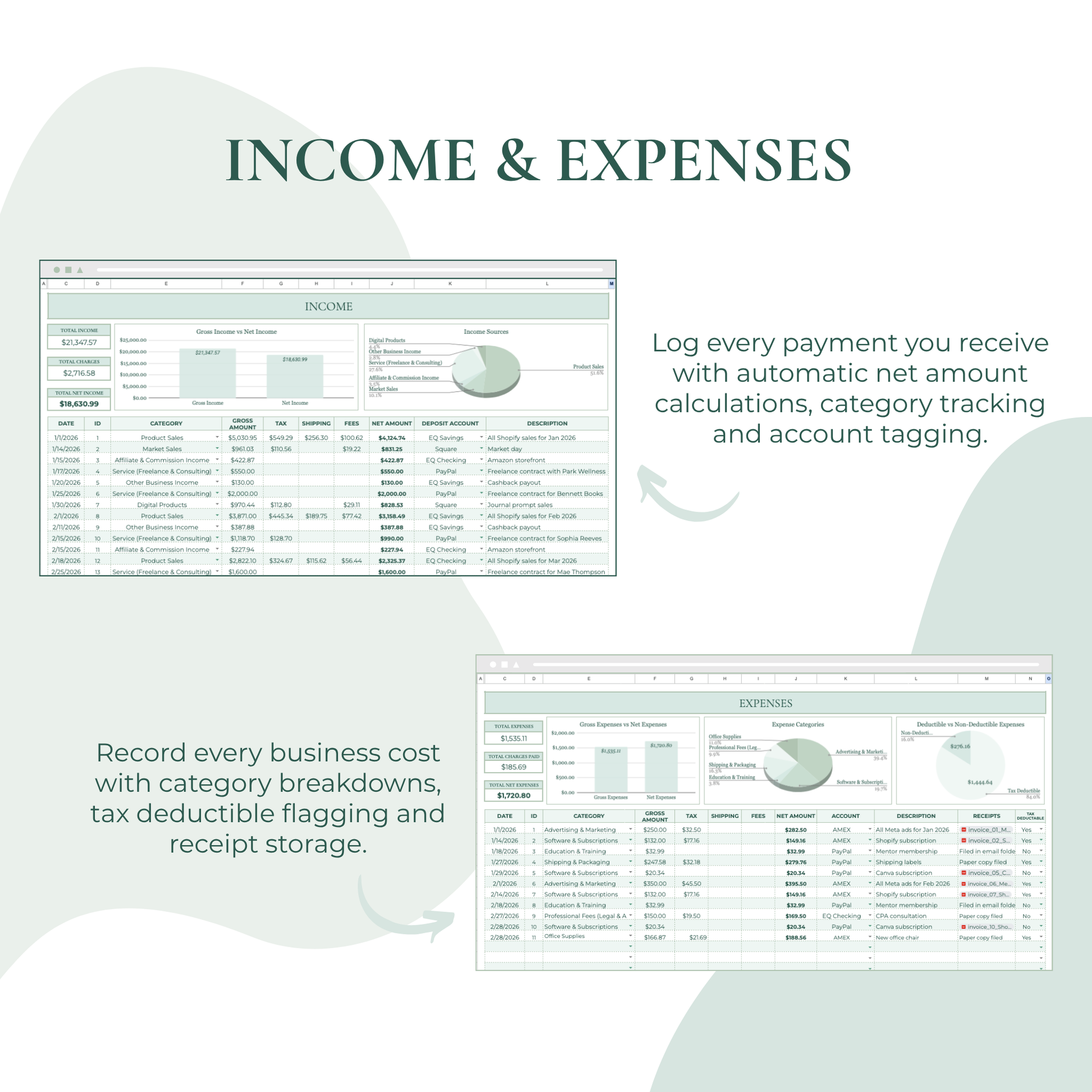 Two computer screens displaying income and expenses tracking software with text on a light background.