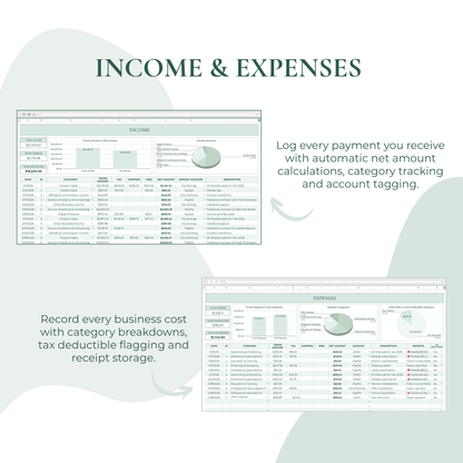 Two computer screens displaying income and expenses tracking software with text on a light background.
