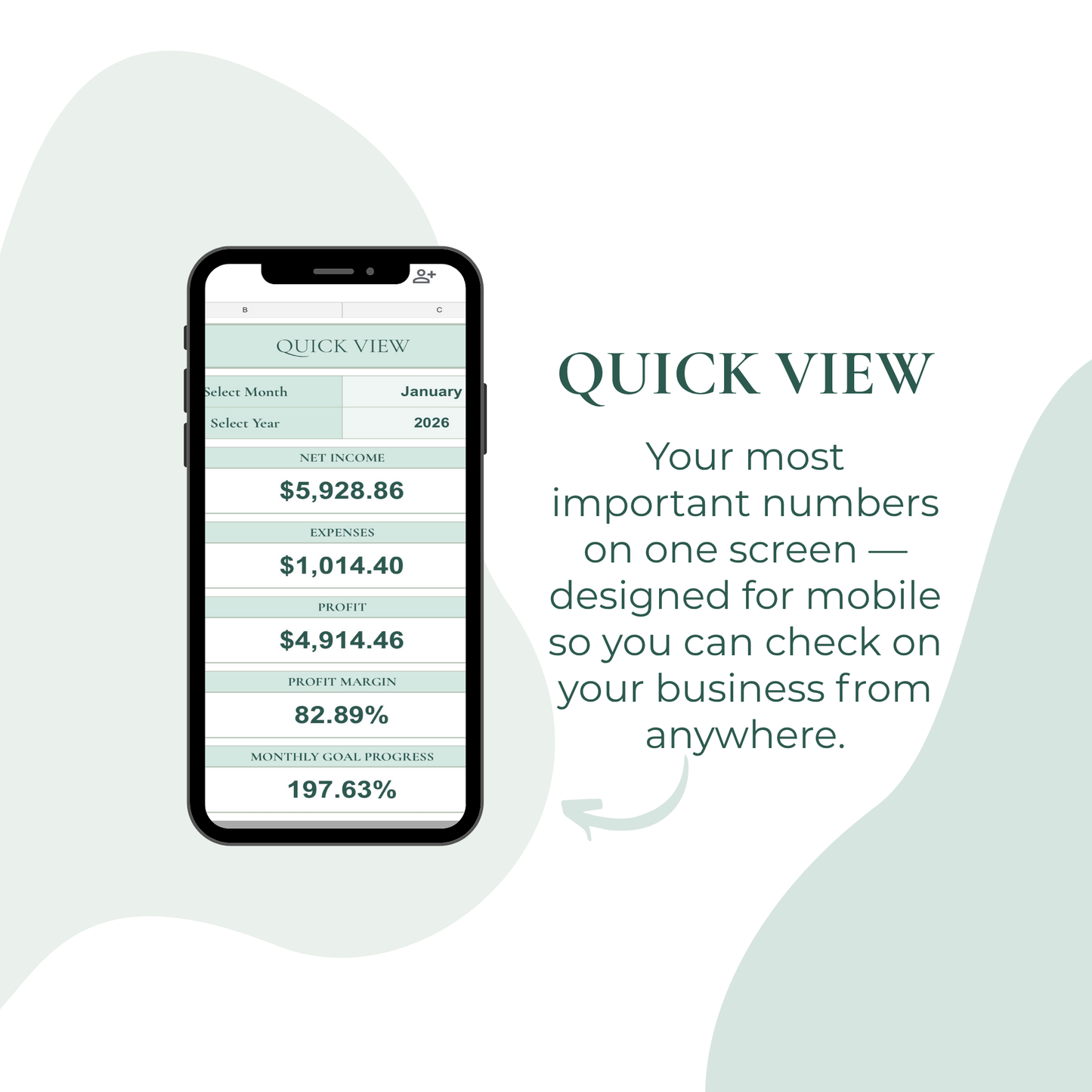 Phone screen displaying financial app with 'Quick View' feature on a light gray background