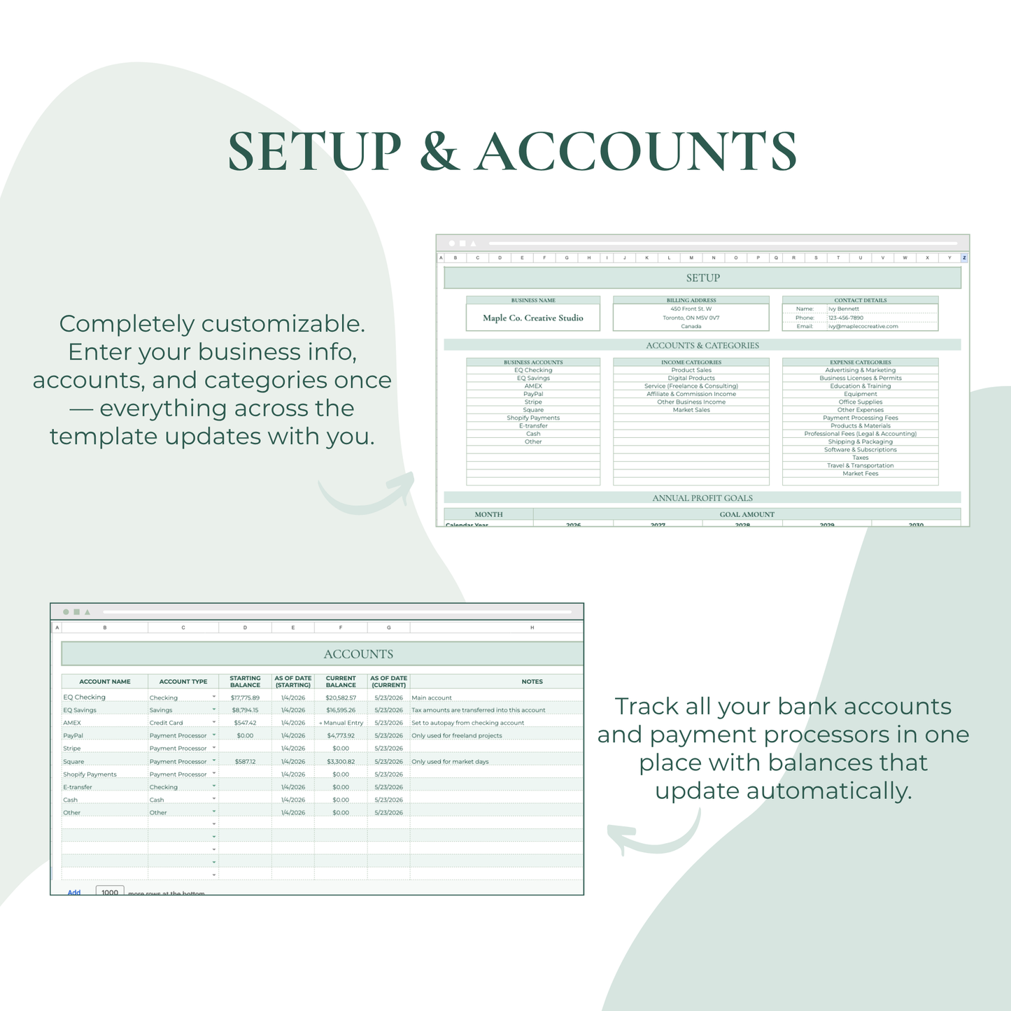 Screenshot of customizable financial setup and accounts template with text on a light green background