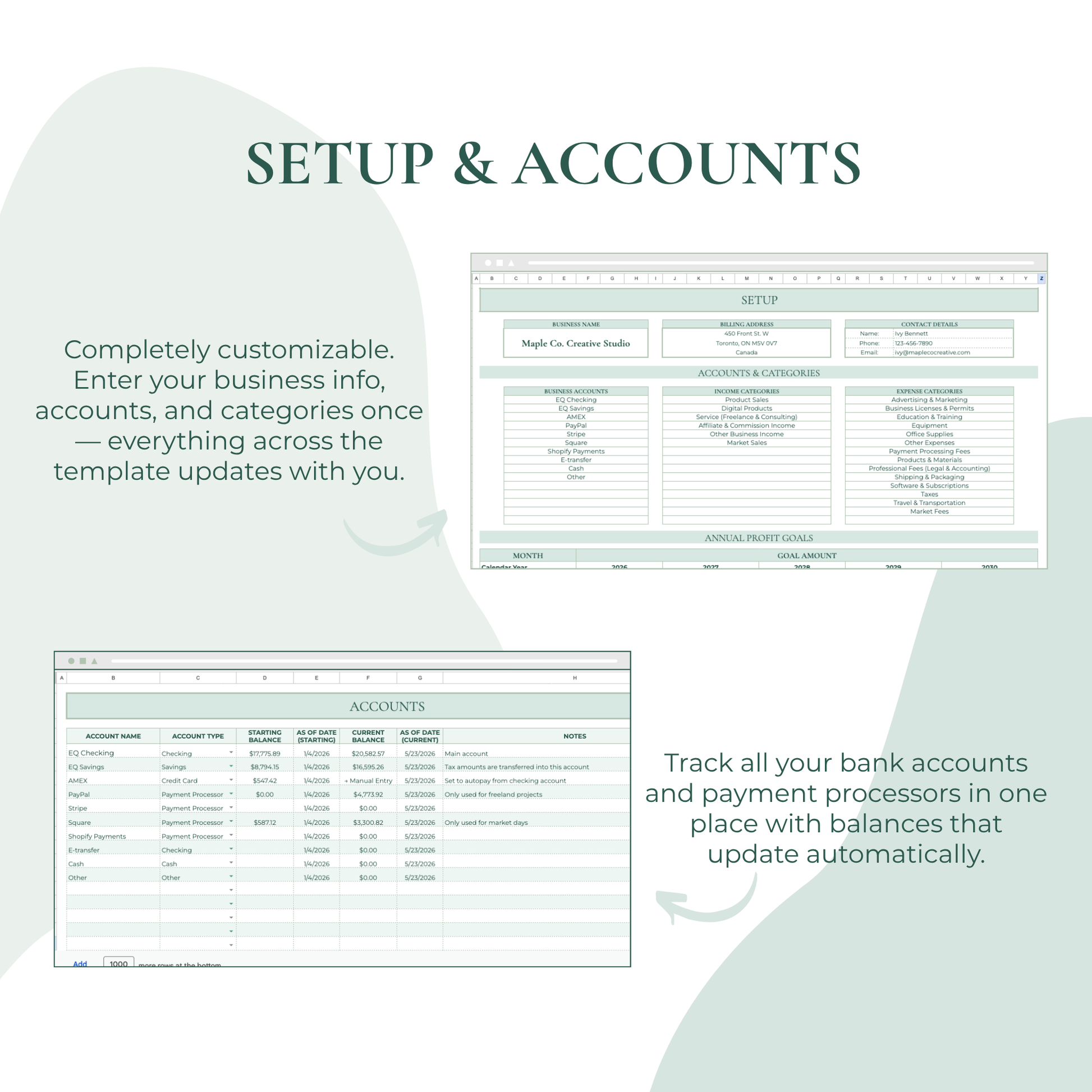 Screenshot of customizable financial setup and accounts template with text on a light green background