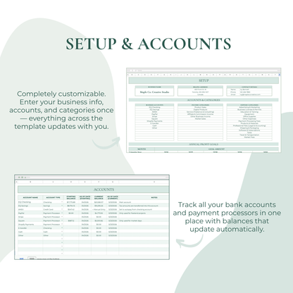 Screenshot of customizable financial setup and accounts template with text on a light green background