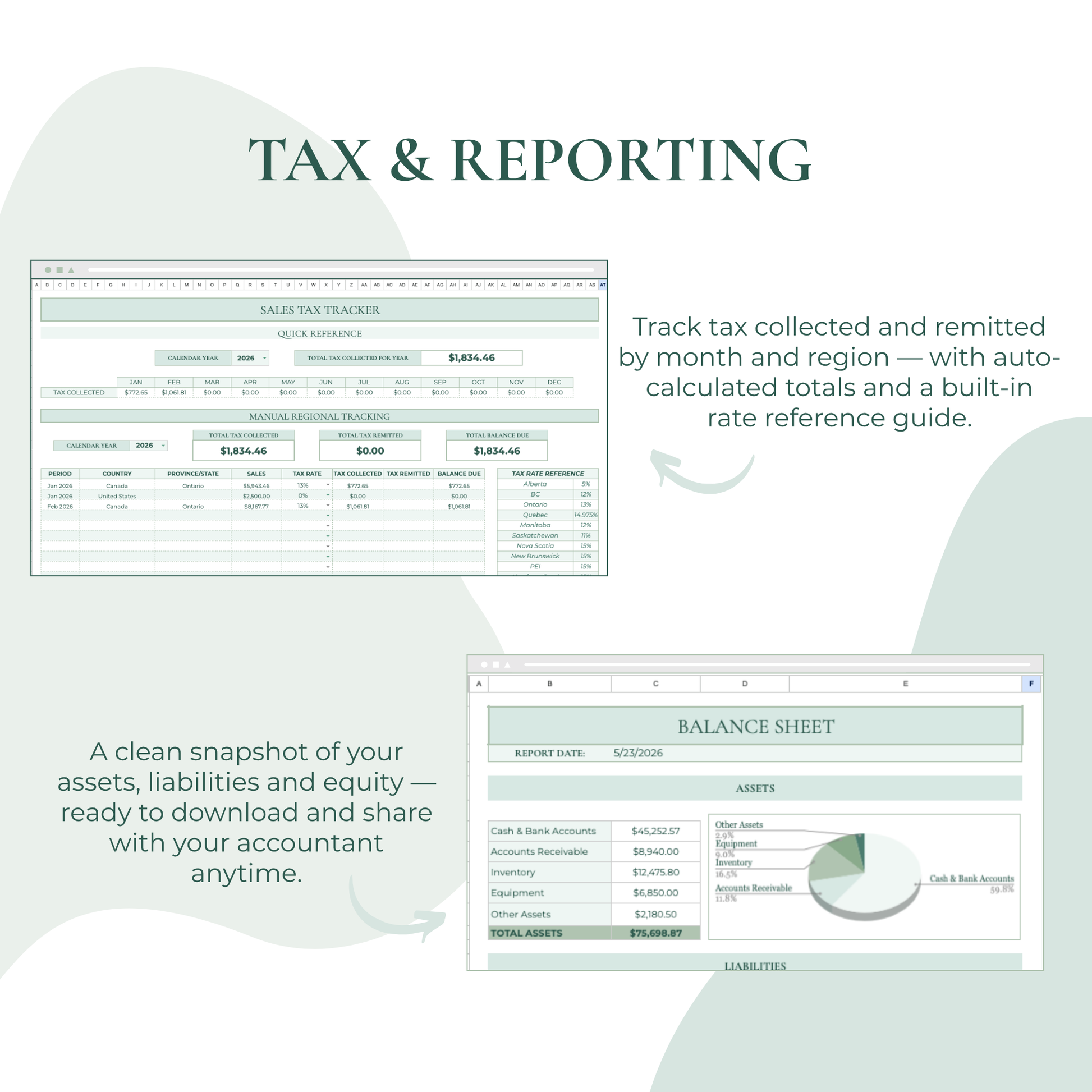 Tax and reporting software interface with 'Sales Tax Tracker' and 'Balance Sheet' on a light background.